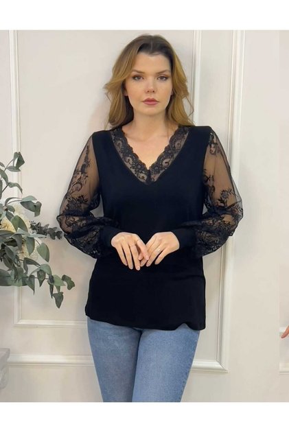 V-Necklace Bluz with Lace Detail on the Sleeves and Collar