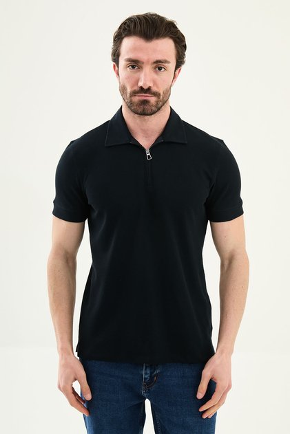 Plain Slim Fit Zippered Polo Collar Men's T-Shirt Navy Blue - 36859.26Y