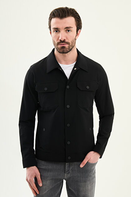 Düz Slim Fit Gömlek Yaka Yandan Cepli Erkek Mont Siyah - 39664.26Y