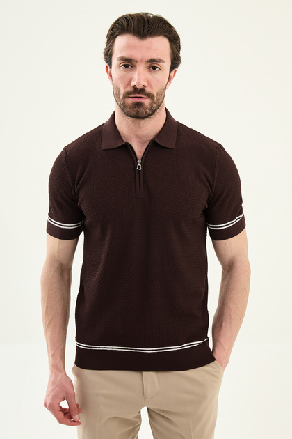 Stripe Detailed Slim Fit Polo Collar Zippered Men's Knitwear T-Shirt Brown - 11592.26Y