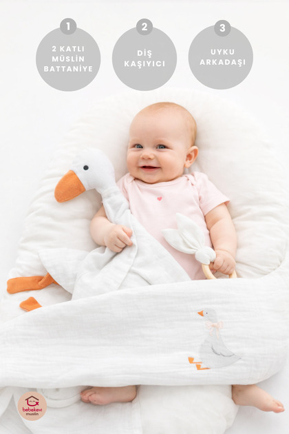 Müslin Bebek Seti 3 Parça (%100 Pamuk Battaniye, Uyku Arkadaşı & Diş Kaşıyıcı)