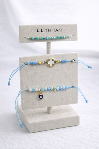 Turquoise Evil Eye Beaded Bracelet Set – Adjustable 3-Piece Women's Bracelet with Gold Detail