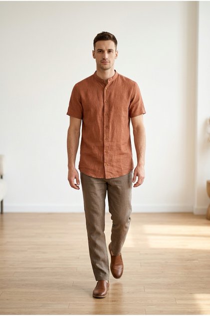 Yşr Orange Short Sleeve Men's Shirt Solid Color Comfortable Fit Daily Use