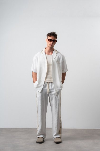 Men's Striped Detailed Linen Oversize Shirt and Trousers Set Ecru