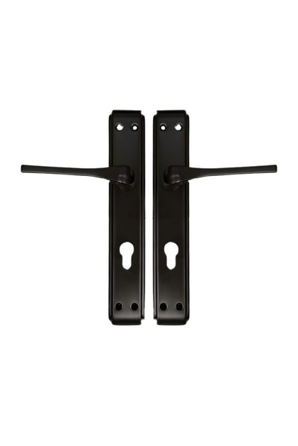 Matte Black Interior Door Handle Set: Modern Lever with Plate, Keyhole & Complete Hardware Kit.