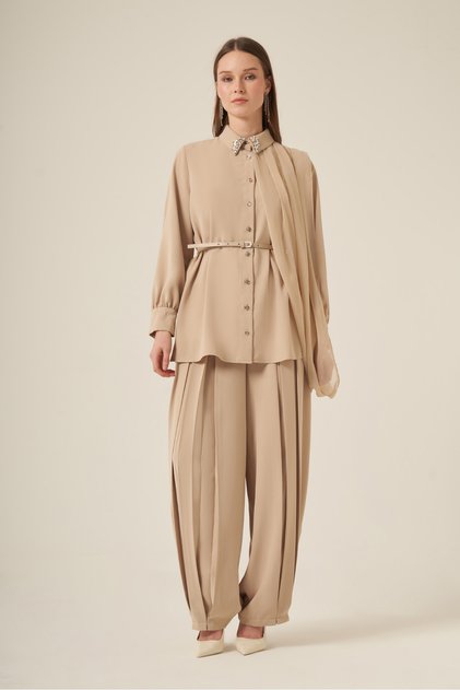 Kadın Şifon Detay Pantolonlu Takım Beige 31314