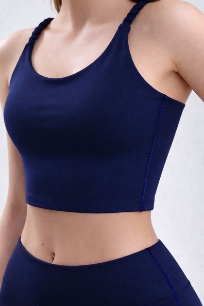 Women's Navy Blue Lightly Supported Knitted Strap Sports Bra Bustier with Side Seam Detail and Padding