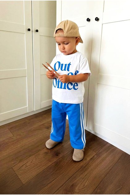 Boy's Cotton Ecru Letter Printed T-Shirt and Blue Sweatpants Top and Bottom Set