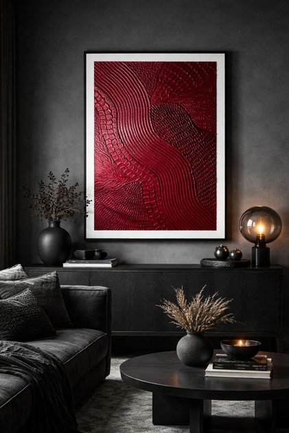 Dokulu Tablo El Yapımı 3 Boyutlu Kabartma Tablo Minimalist & Modern Kızıl Akış