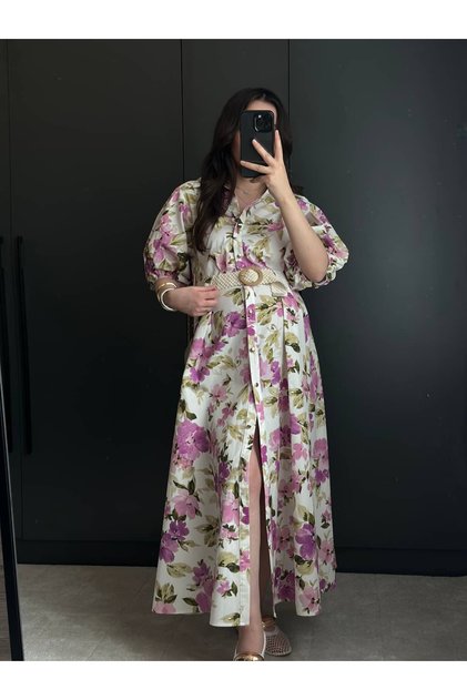 Belted Flower-Patterned Long Dress