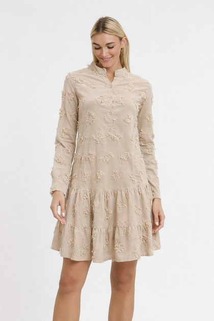 Linen Dress-Linen Patterned Long Sleeve Dress-Linen Diamond Pattern Tassel Dress - 3600