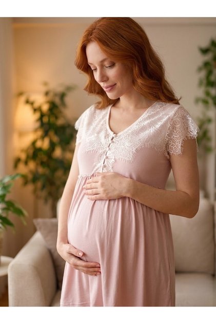 New Season Powder Special Lace Detailed Design Short Sleeve Summer Maternity Pajama Set