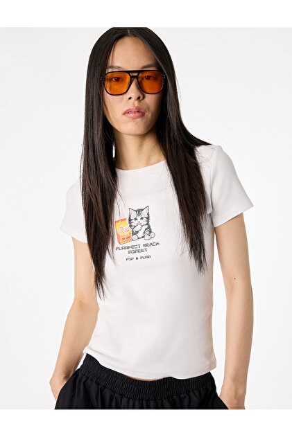 Slim Fit Short Sleeve Cat Print Crew Neck T-Shirt