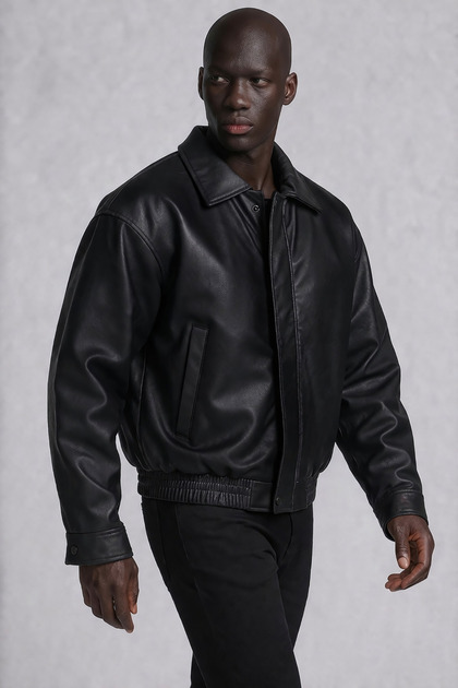 Bossago Half Oversize Unisex Vintage Men's Black Leather Jacket