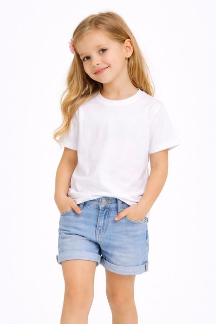 Kız Çocuk Beyaz Basic Tişört Bisiklet Yaka Pamuklu Penye Düz Kısa Kollu Rahat Günlük T-Shirt
