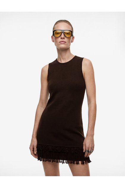 Ruffled Crew Neck Sleeveless Viscose Knitwear Mini Dress with Tassel Detail at the Hem