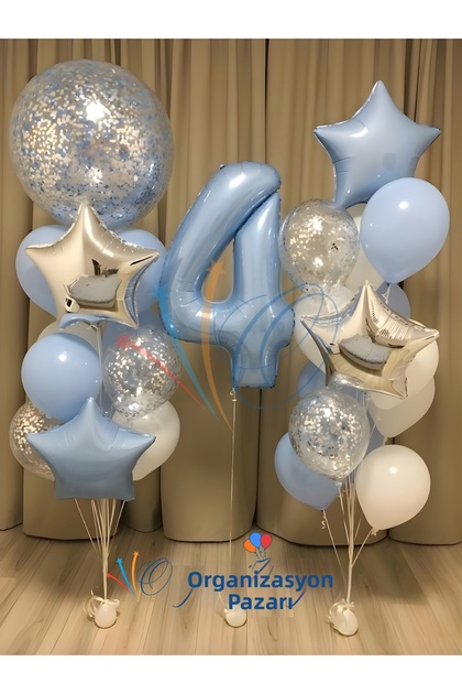 4 Year Old Boy Birthday & Special Day Balloon Set Blue Silver Confetti Foil Balloon Bouquet