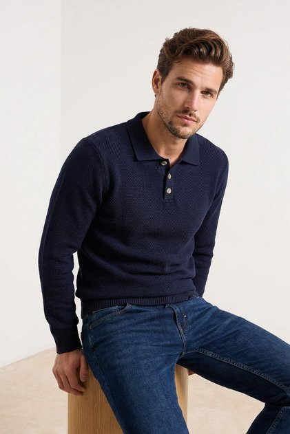 Lacivert Regular Polo Yaka Düğmeli Dokulu Kazak TMNAW26KZ00010