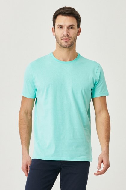 Men's Turquoise 100% Cotton Slim Fit Slim Fit Crew Neck Basic T-Shirt