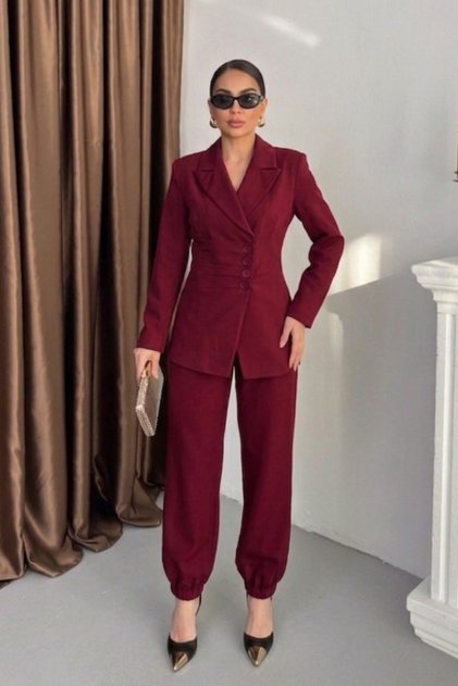 Women's Blazer Jacket Trousers Two-Piece Set with Draped Waist and Button Detail, Tie Back, Double Breasted Collar