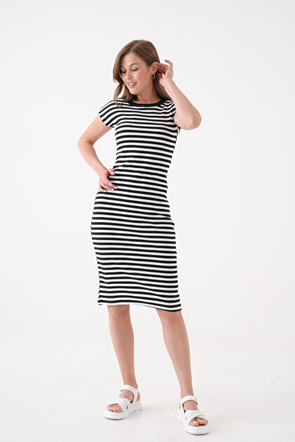 MAMAYAGA Stylish Black and White Striped Midi Sports Dress - Women- Trendyol