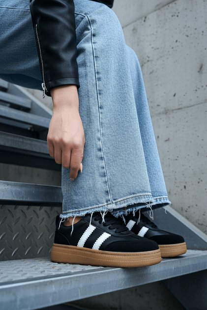 Black Suede Sneakers with Striped Sides