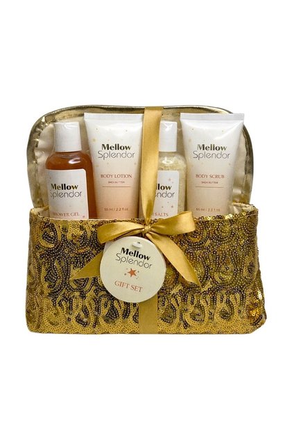 Set cadou spa femei Mellow Splendor cu gel de dus, body lotion, sare de baie, body scrub si borseta