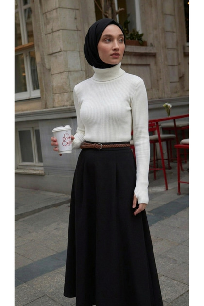 Women's High Neck Stretch Fabric Knitwear Badi – Finger-Through Sleeve, One Size, 100% Acrylic