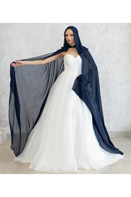 paris in paris Dark Blue Hooded Chiffon Kaftan-Wedding Top Cape-Bindalli-  Chiffon Kaftan-Dark Blue Henna Dress- Trendyol