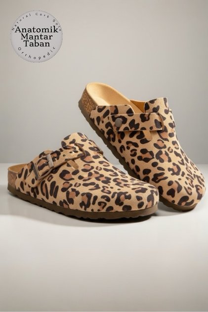 Anatomical Arch Supported Natural Cork Sole Genuine Suede Leather Leopard Pattern Slippers
