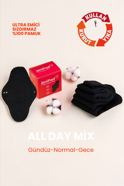 Pamuk Yıkanabilir Sızdırmaz Siyah Kadın Pedi Mıx 3 Adet ( Günlük, Normal, Gece )