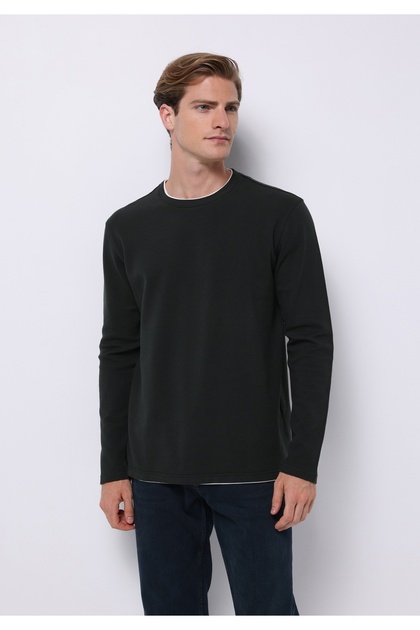 Regular Fit Round Neck Jacquard Men's Green Long Sleeve T-Shirt