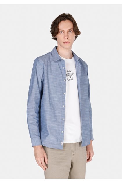 Regular Fit Shirt Neck Plain Men's Blue Long Sleeve Shirt