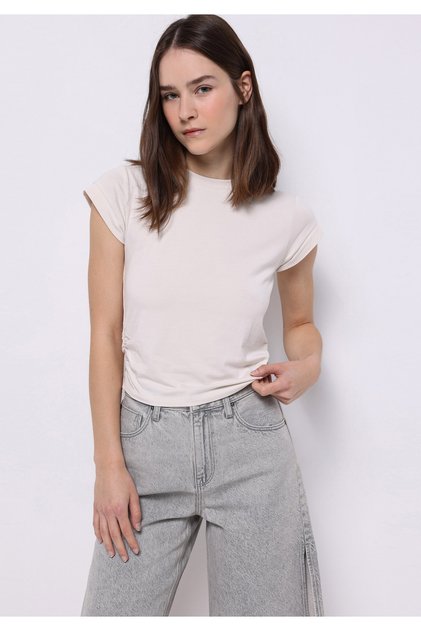 Slim Fit Round Neck Plain Women's Ecru Short Sleeve T-Shirt