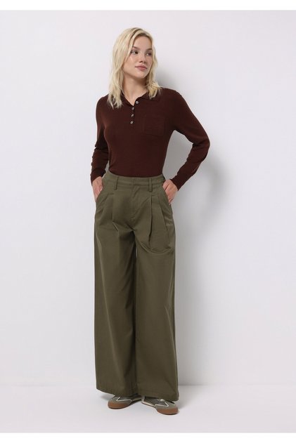 Regular Fit Mid Waist Wide Leg Women's Green Trousers