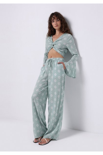 Regular Fit High Waist Wide Leg Women's Green Trousers