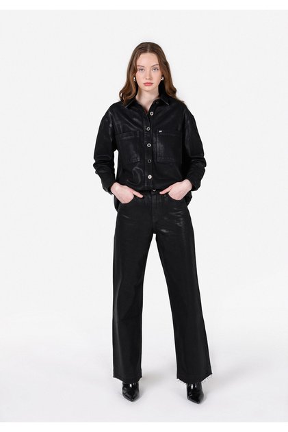 Regular Fit High Waist Wide Leg Women's Black Jean Trousers