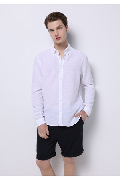 Slim Fit Shirt Neck Pamuklu Düz Erkek Beyaz Uzun Kol Gömlek