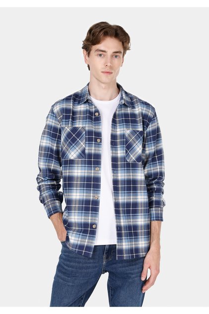 Regular Fit Shirt Neck Plaid Men's Blue Long Sleeve Shirt