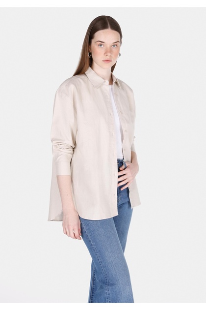 Relaxed Fit Shirt Neck Plain Women's Beige Long Sleeve Shirt