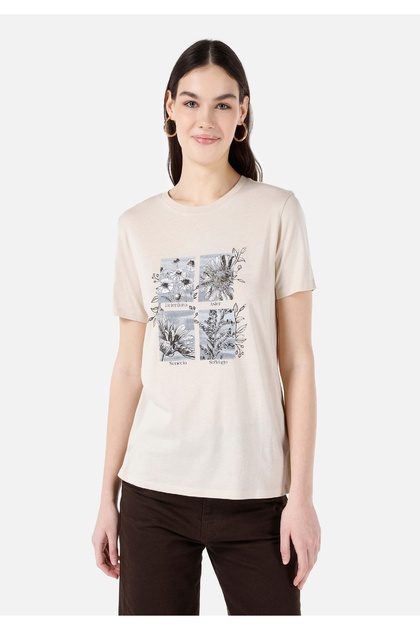 Regular Fit Round Neck Printed Women's Beige Short Sleeve T-Shirt