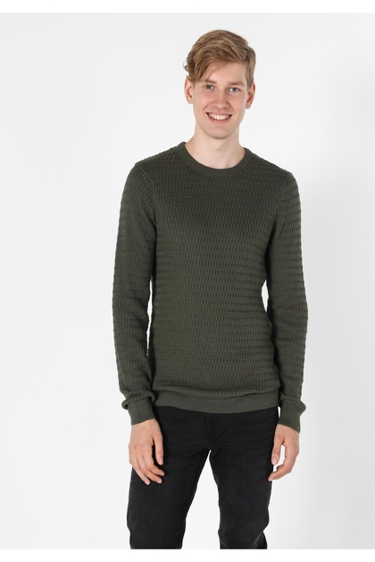 Slim Fit Yuvarlak Yaka Erkek Yeşil Kazak