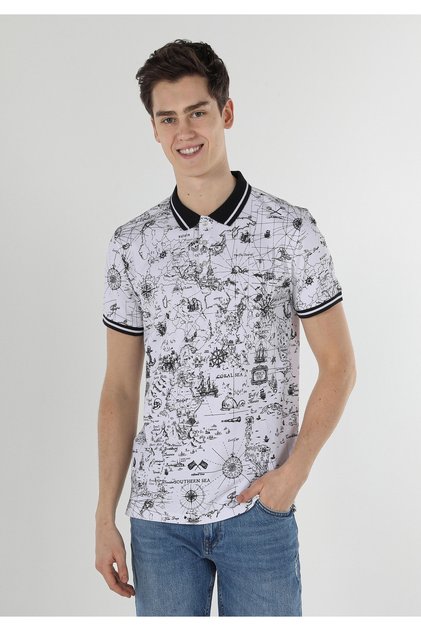 Regular Fit Polo Neck Printed Men's White Short Sleeve T-Shirt