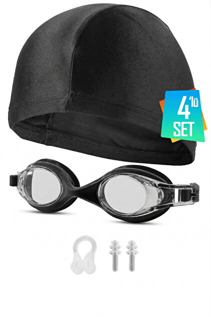 Swimming Goggles with Ear and Nose Plugs, Fabric Cap, Set of 4, Swimming Pool and Sea Goggles