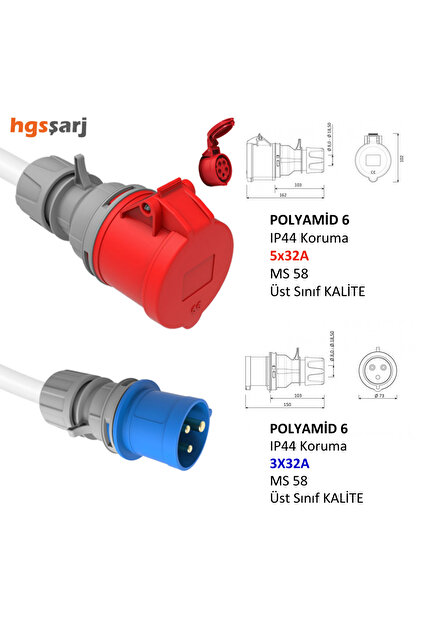 hgsşarj 5X32A Priz(Kapaklı), 3X32A Fiş Dönüştürücü Adaptör. 3x6