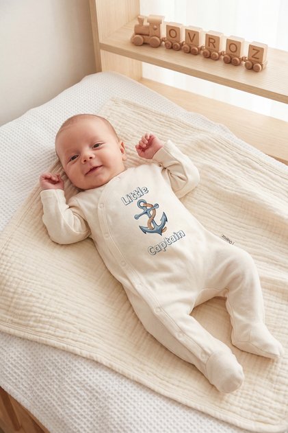 Baby Boy Overalls with Booties Little Captain Printed Snap Fastener Ecru Bodysuit Overalls 5794