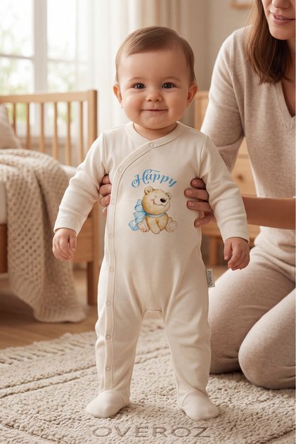 Baby Boy/Girl Overalls with Booties Happy Teddy Bear Printed Snap Fastener Ecru Bodysuit Overalls 5102