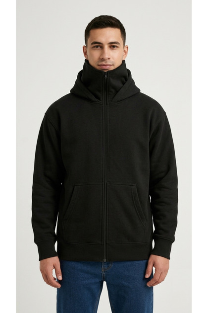 Kar Maskeli Ninja Samuray Sweatshirt - Çift Kapüşonlu Tam Fermuarlı Zıp Hırka - Siyah