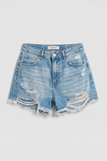 Kadın T.Kot Rengi 12s5-32 Mini Boy Yüksek Bel Curved Yırtık Detaylı Püsküllü %100 Koton Denim Şort