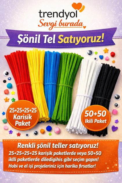 100 Adet Şönil Set 50-50 Farklı Renk Seçenekleri